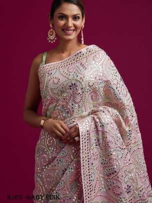 Baby Pink White Party Wear Sequence Woven Silk Saree