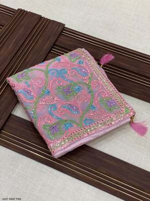 Baby Pink White Party Wear Sequence Woven Silk Saree