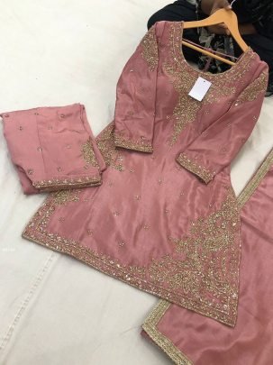 Badami Pink Heavy HandWork suit by Fab Funda