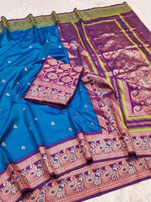 Banarasi Blue Color Silk Saree and Unique Blouse