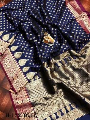 Banarasi  Lichi Silk Blue Saree With Golden Zari Butti Work