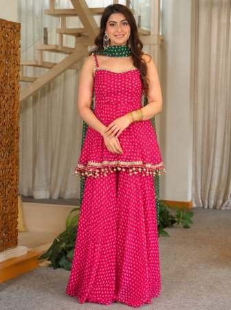 Bandhani Patten Hot Pink Colour Sharara Suit