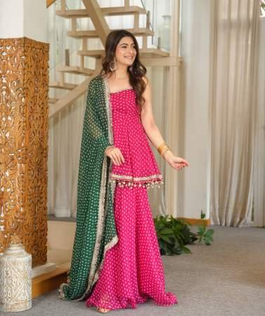 Bandhani Patten Hot Pink Colour Sharara Suit