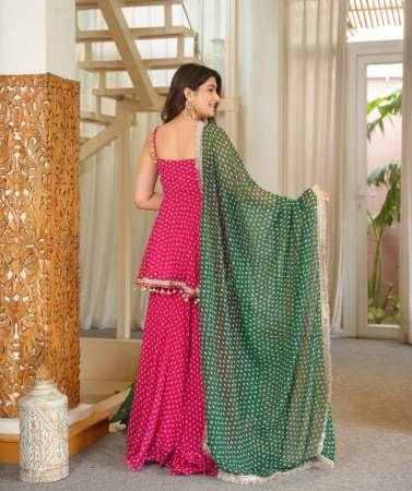 Bandhani Patten Hot Pink Colour Sharara Suit