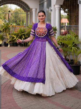 Bandhani Print Work  Purple Colour Navratri Lehenga 