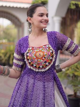 Bandhani Print Work  Purple Colour Navratri Lehenga