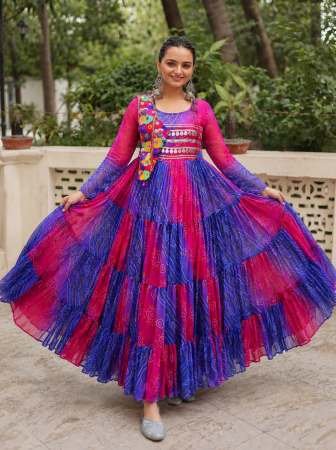 Bandhej Print Purple With Pink Colour Navratri Gown
