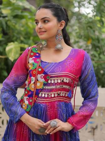 Bandhej Print Purple With Pink Colour Navratri Gown