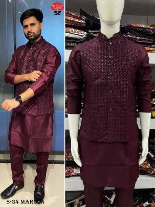 Banglori Silk Mens Maroon Kurta Pant Koti Set