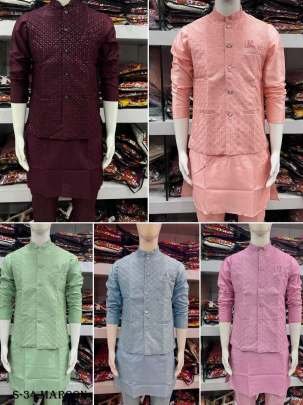 Banglori Silk Mens Maroon Kurta Pant Koti Set