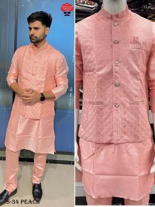 Banglori Silk Mens Peach Kurta Pant Koti Set
