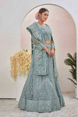 Beads Embroidered Stone Gray Butterfly Net Semi Stitched Lehenga Choli