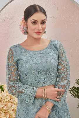 Beads Embroidered Stone Gray Butterfly Net Semi Stitched Lehenga Choli