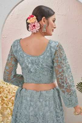 Beads Embroidered Stone Gray Butterfly Net Semi Stitched Lehenga Choli