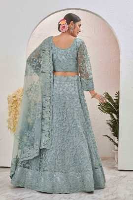 Beads Embroidered Stone Gray Butterfly Net Semi Stitched Lehenga Choli