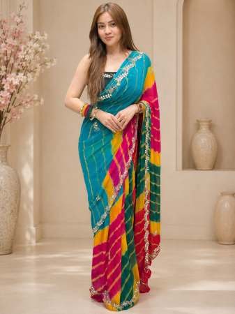 Beads Work Dark Blue Colour Saree