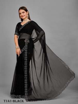 Beautiful Black Blooming  Net Saree With Aari Work