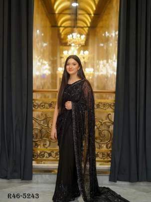 Beautiful Black Party Wear Sequence Georgette Saree With Blouse