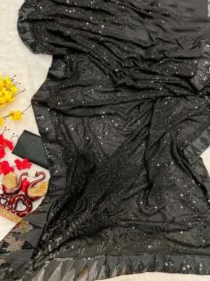 Beautiful Black Party Wear Sequence Georgette Saree With Blouse