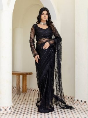  Beautiful Black Soft Mono Net Sequence Thread Saree