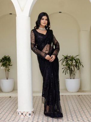Beautiful Black Soft Mono Net Sequence Thread Saree