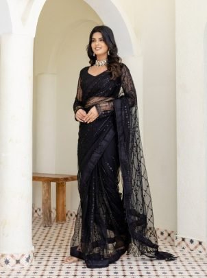 Beautiful Black Soft Mono Net Sequence Thread Saree