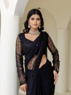 Beautiful Black Soft Mono Net Sequence Thread Saree