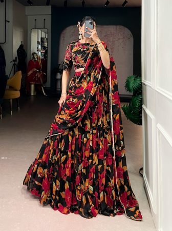 Beautiful Black Vibrant Floral Marble Prints Lehenga 