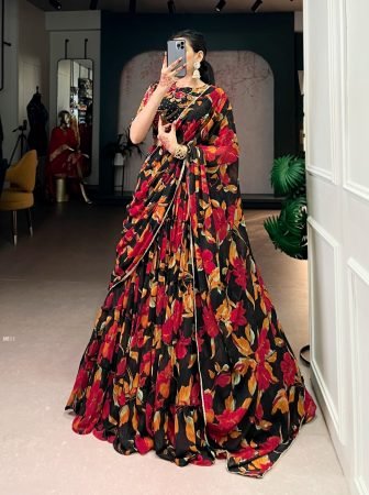 Beautiful Black Vibrant Floral Marble Prints Lehenga
