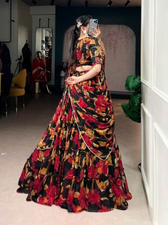 Beautiful Black Vibrant Floral Marble Prints Lehenga