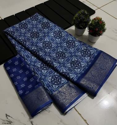 Beautiful Blue Soft Dola Silk Saree With Flower Design