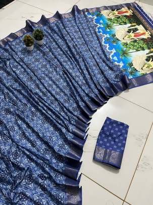 Beautiful Blue Soft Dola Silk Saree With Flower Design