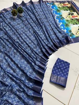 Beautiful Blue Soft Dola Silk Saree With Flower Design