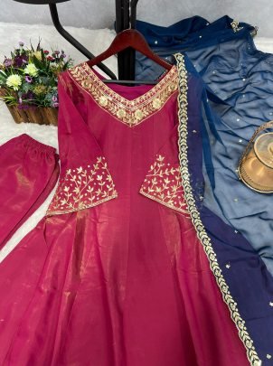 Beautiful Chimer Silk Shiny Pink Anarkali Gown
