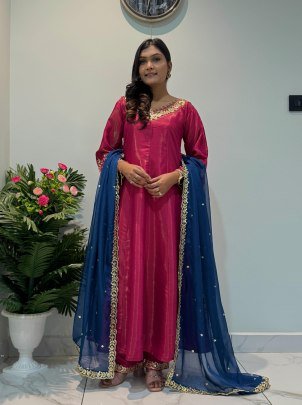 Beautiful Chimer Silk Shiny Pink Anarkali Gown