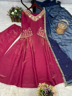 Beautiful Chimer Silk Shiny Pink Anarkali Gown