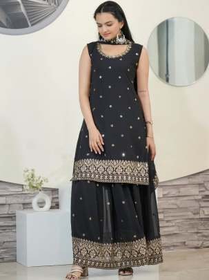 Beautiful Classical Fox Georgette Sharara Suit With Sequence Embroidery  Work