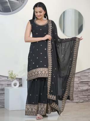 Beautiful Classical Fox Georgette Sharara Suit With Sequence Embroidery  Work