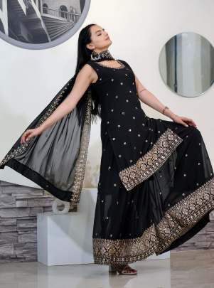 Beautiful Classical Fox Georgette Sharara Suit With Sequence Embroidery  Work