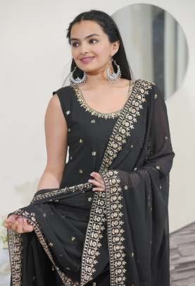 Beautiful Classical Fox Georgette Sharara Suit With Sequence Embroidery  Work