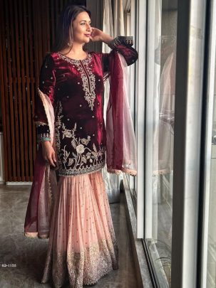 Beautiful Designer Maroon Color Heavy Velvet Sharara Suit 