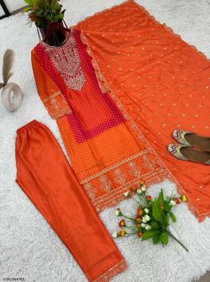 Beautiful Digital Print Orange Kurti Pant Set