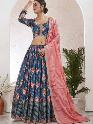 Beautiful Digital Printed Silk Blend PetroBlue Lehenga Choli Set