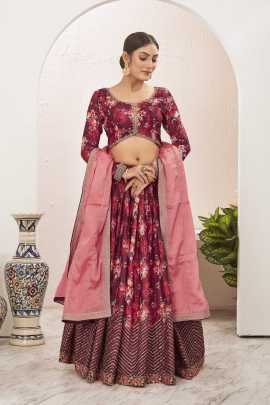 Beautiful Digital Printed Silk Blend Brown Lehenga Choli Set