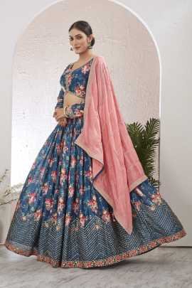 Beautiful Digital Printed Silk Blend PetroBlue Lehenga Choli Set