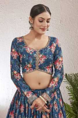 Beautiful Digital Printed Silk Blend PetroBlue Lehenga Choli Set