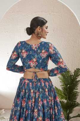 Beautiful Digital Printed Silk Blend PetroBlue Lehenga Choli Set