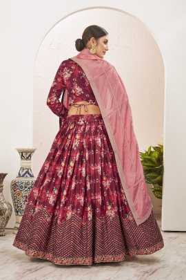 Beautiful Digital Printed Silk Blend Brown Lehenga Choli Set