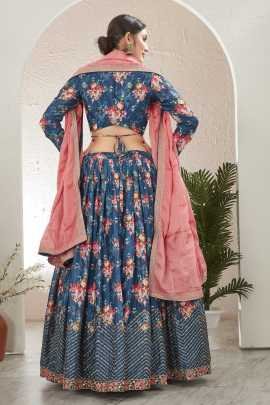 Beautiful Digital Printed Silk Blend PetroBlue Lehenga Choli Set