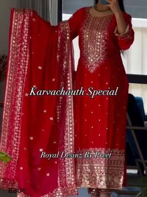 Beautiful Embroidered And Moti Work Pure Chinon Silk karvachauth Suits